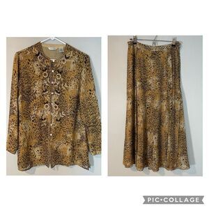 Laura Ashley Womens Silk Shirt Skirt‎ Set Size S Leopard Print Embroidered Tunic
